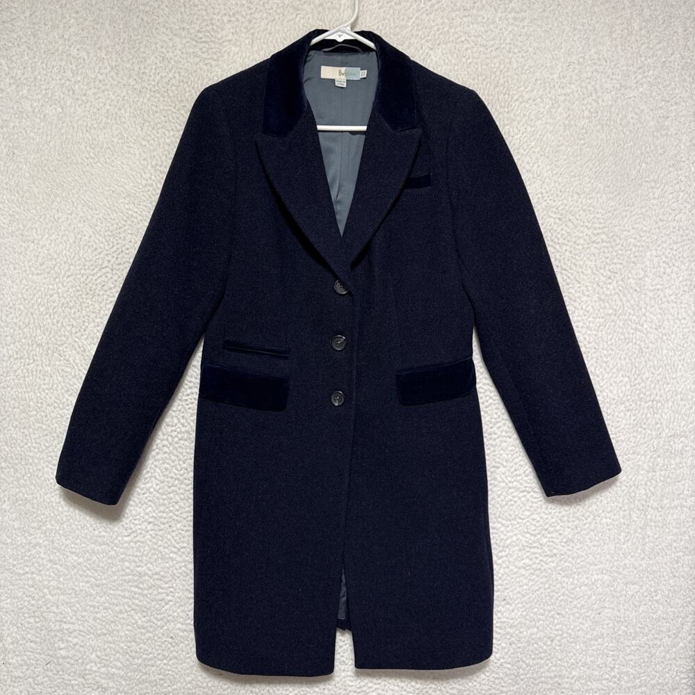 Boden Women’s Navy Blue Wool Mid-Length Coat With Velvet Trim Size 8